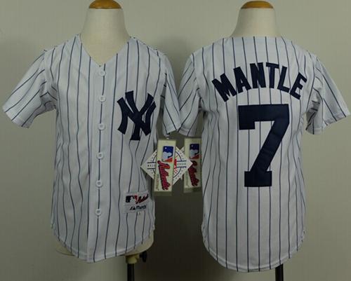 Yankees #7 Mickey Mantle White Stitched Youth Name Back MLB Jersey - Click Image to Close